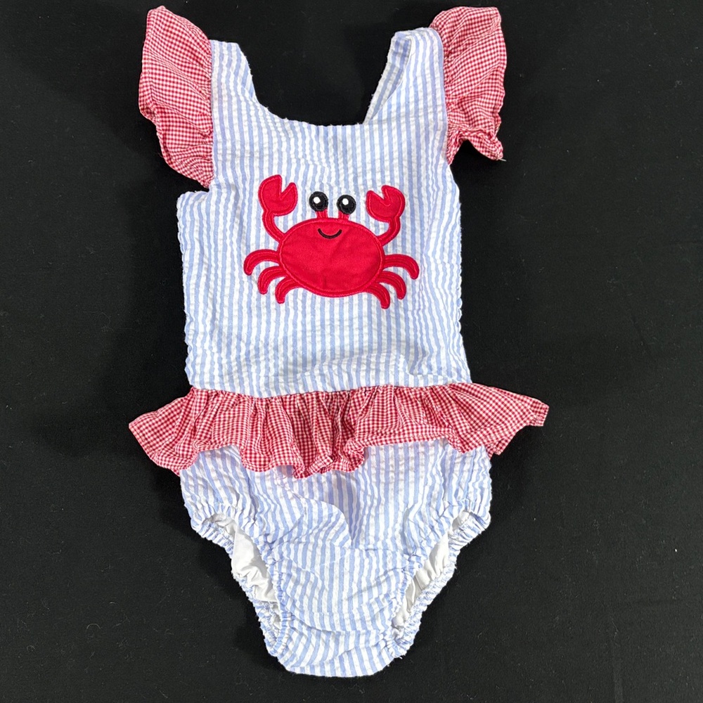 Red Crab Applique Girls' One-Piece Swimsuit with Red Gingham Ruffles